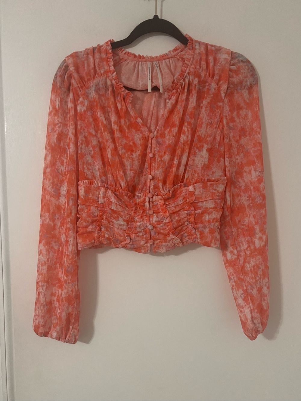 Anthropologie Orange and White Tie-Dye Ruched Button Front Blouse size M (L128)